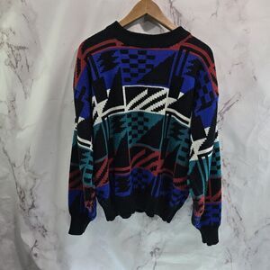 Vintage Sweater Men Medium Black Red Blue Acrylic 90s Raglan Ikat Geometric